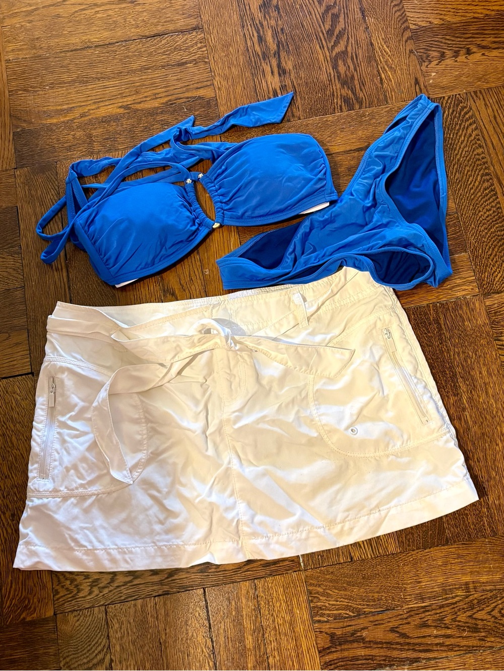 Bright Blue Bikini with Nautica mini skirt cover up.